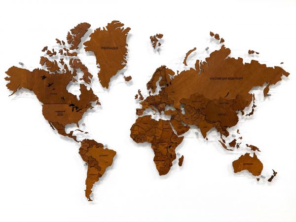 Деревянная многоуровневая карта мира в однотонной расцветке