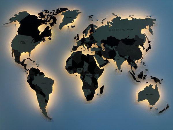Карта мира многоуровневая (Кофейная) в проекции Каврайского подсветкой