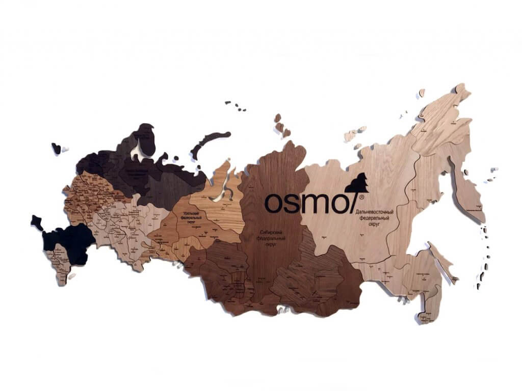 Деревянная карта России в индивидуальной расцветке с брендированием в размере 150х94см