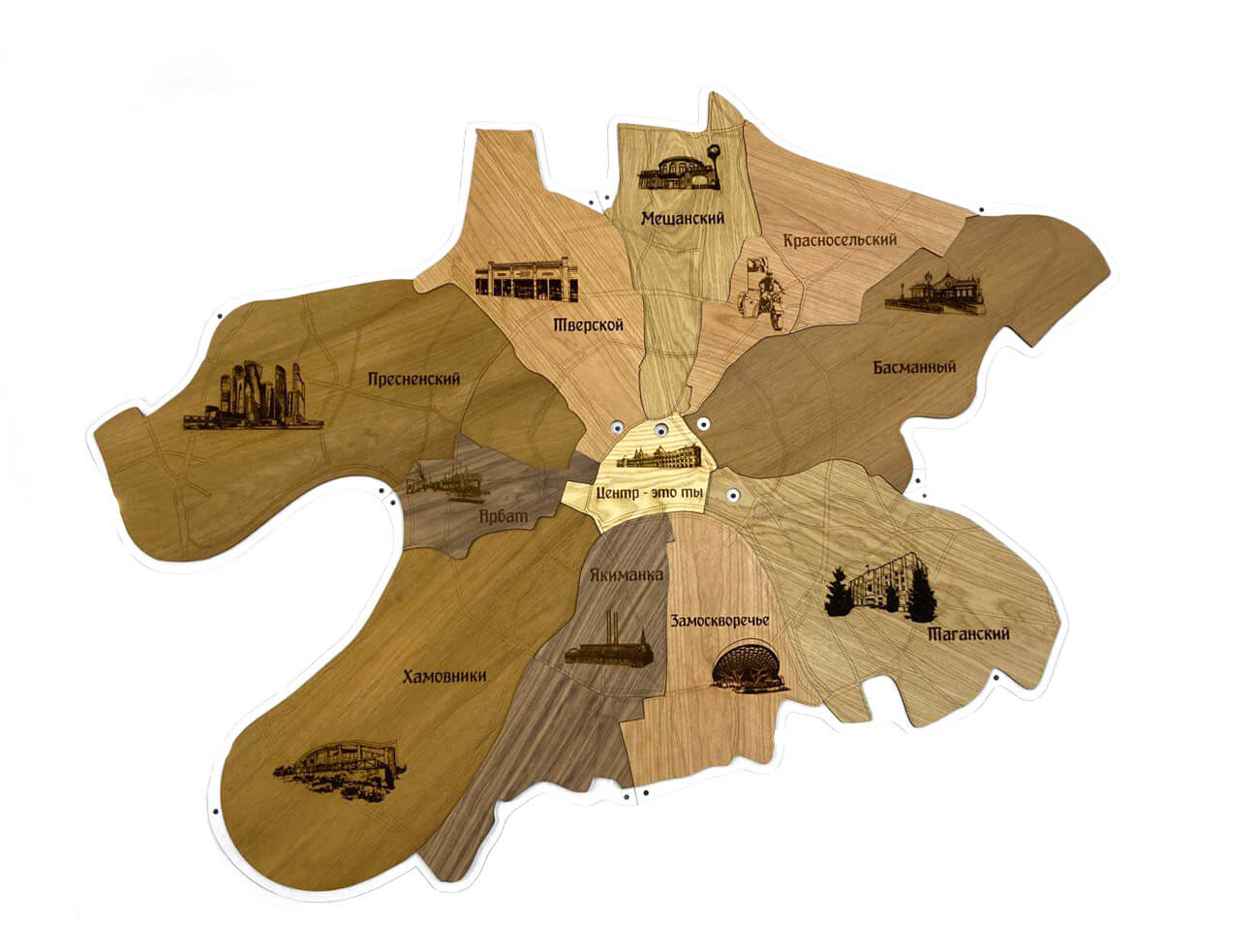 Многоуровневая карта центральной части Москвы из натурального шпона ценных пород древесины