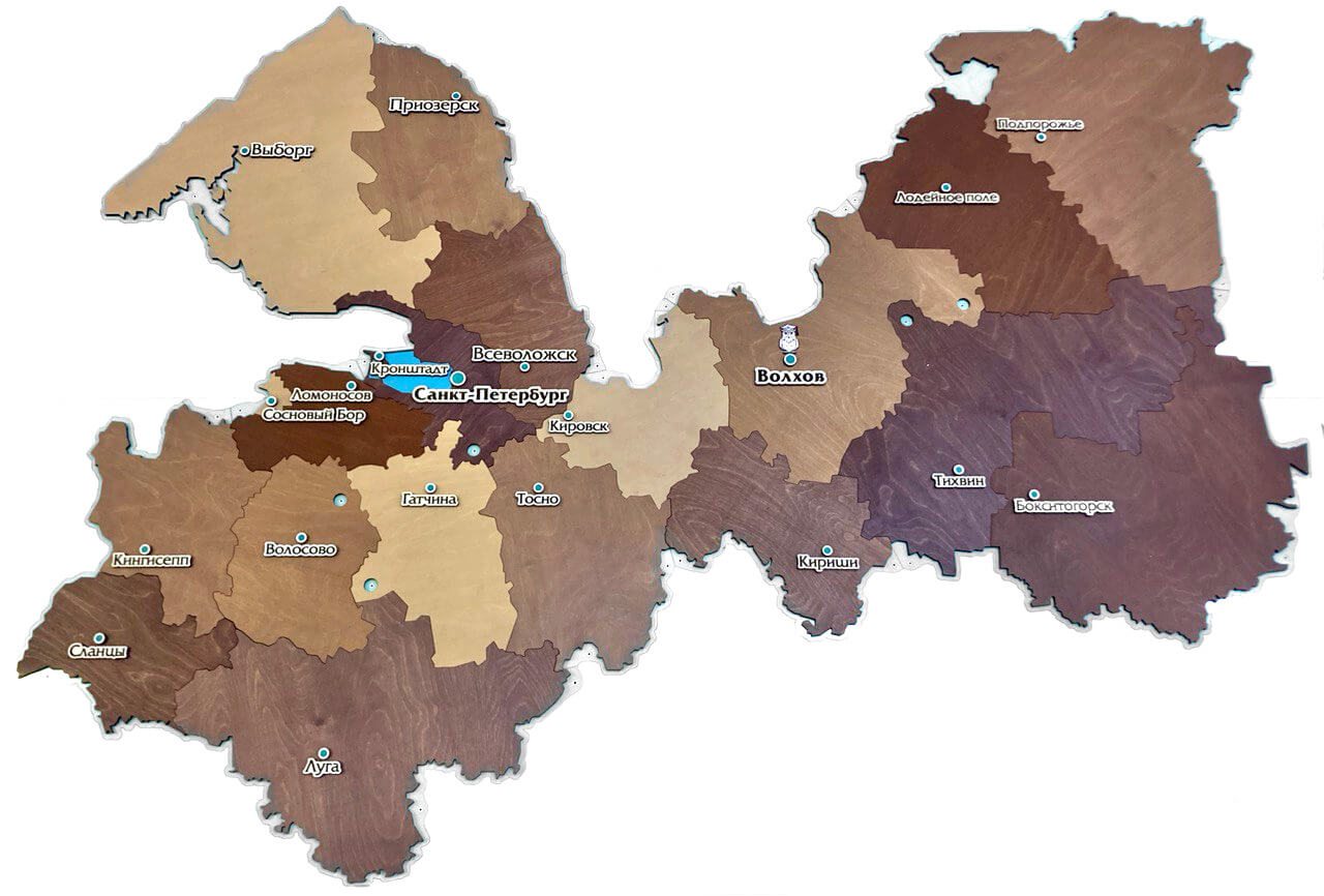 Деревянная карта Ленинградской области в кофейной расцветке